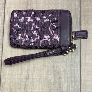 Coach Plum Sequin Wristlet with Leather Trim